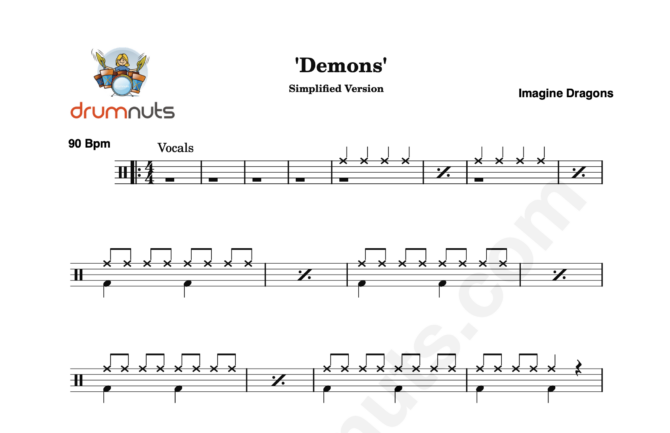 Demons by Imagine Dragons- Simplified Drum Sheet Music - Image 2