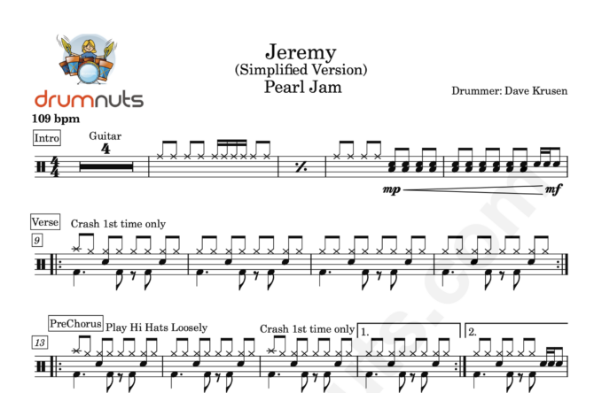 Jeremy by Pearl Jam- Simplified Drum Sheet Music - Image 2