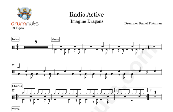 Radioactive by Imagine Dragons- Full Drum Sheet Music - Image 2