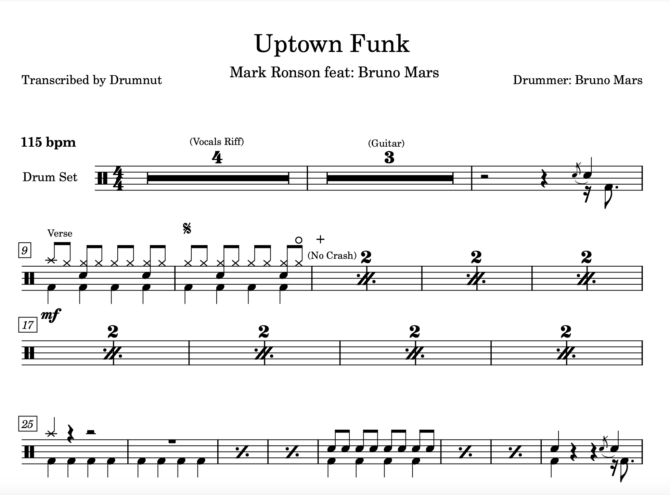 Uptown Funk by Mark Ronson feat; Bruno Mars- Full Drum Sheet Music - Image 2