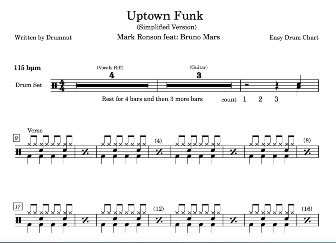 Uptown Funk by Mark Ronson feat; Bruno Mars- Simplified Drum Sheet Music - Image 2