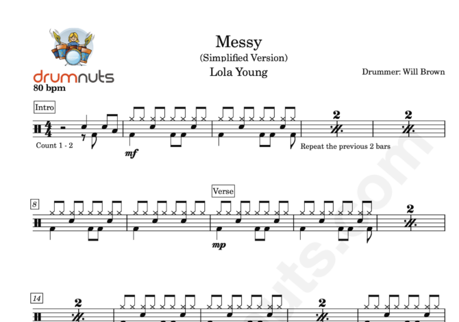 Messy by Lola Young- Simplified Drum Sheet Music - Image 2