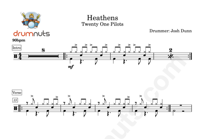 Heathens by Twenty One Pilots- Full Drum Sheet Music - Image 3