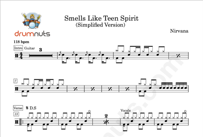 Smells Like Teen Spirit by Nirvana- Simplified Drum Sheet Music - Image 2