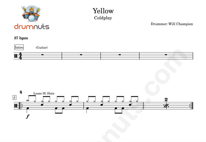 Yellow by Coldplay- Full Drum Sheet Music - Image 2